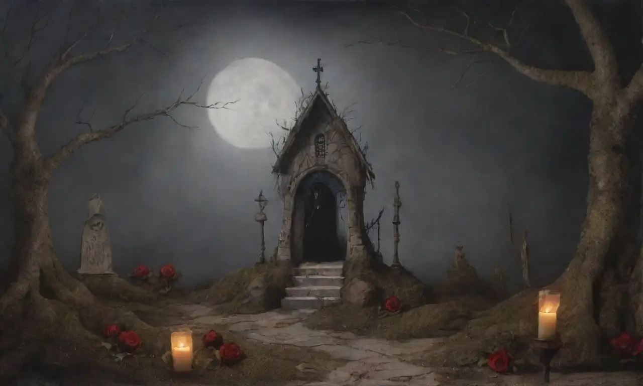 Un paisaje sombrío y misterioso lleno de sombras, figuras esqueléticas y elementos inquietantes