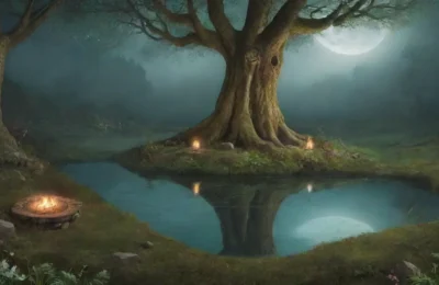Un bosque brumoso con árboles antiguos