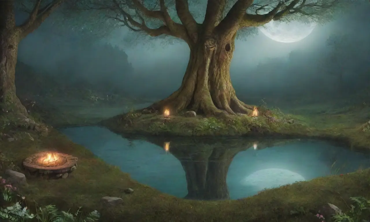 Un bosque brumoso con árboles antiguos