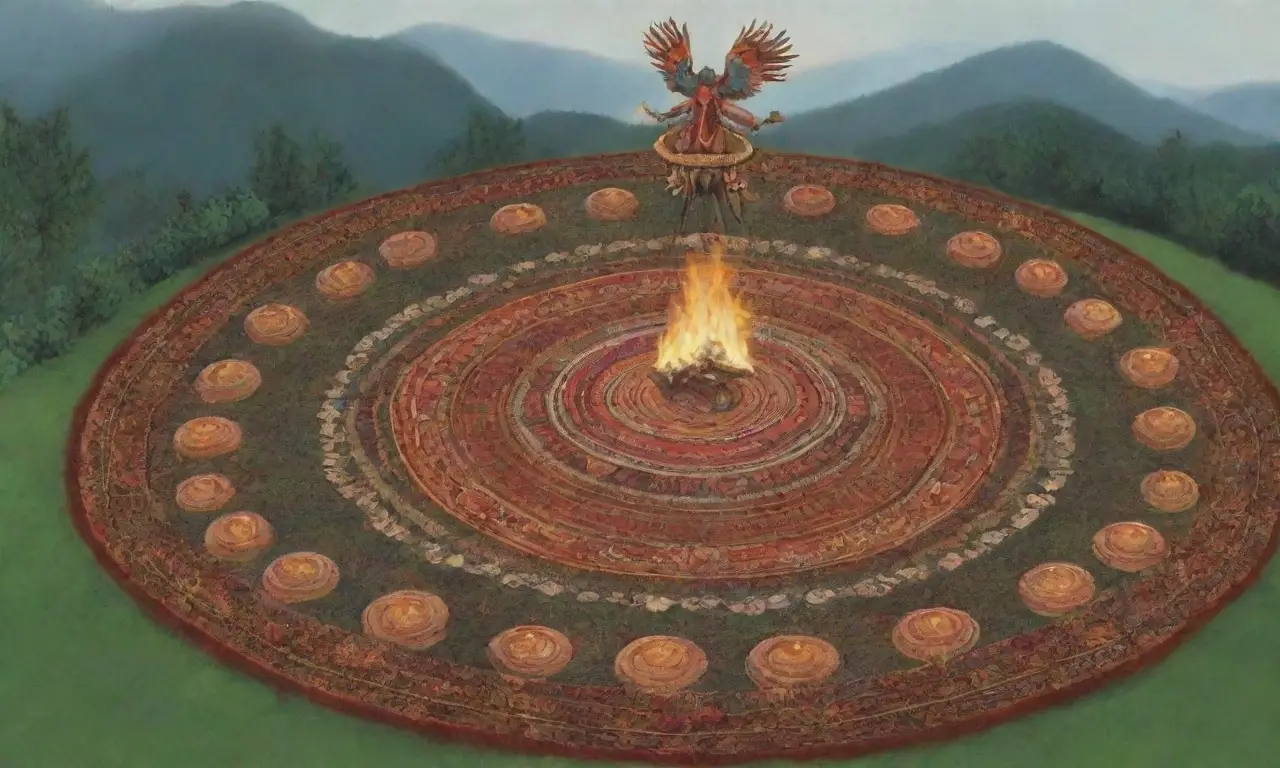 Una escena mística con colores vibrantes, símbolos antiguos y rituales en un entorno natural