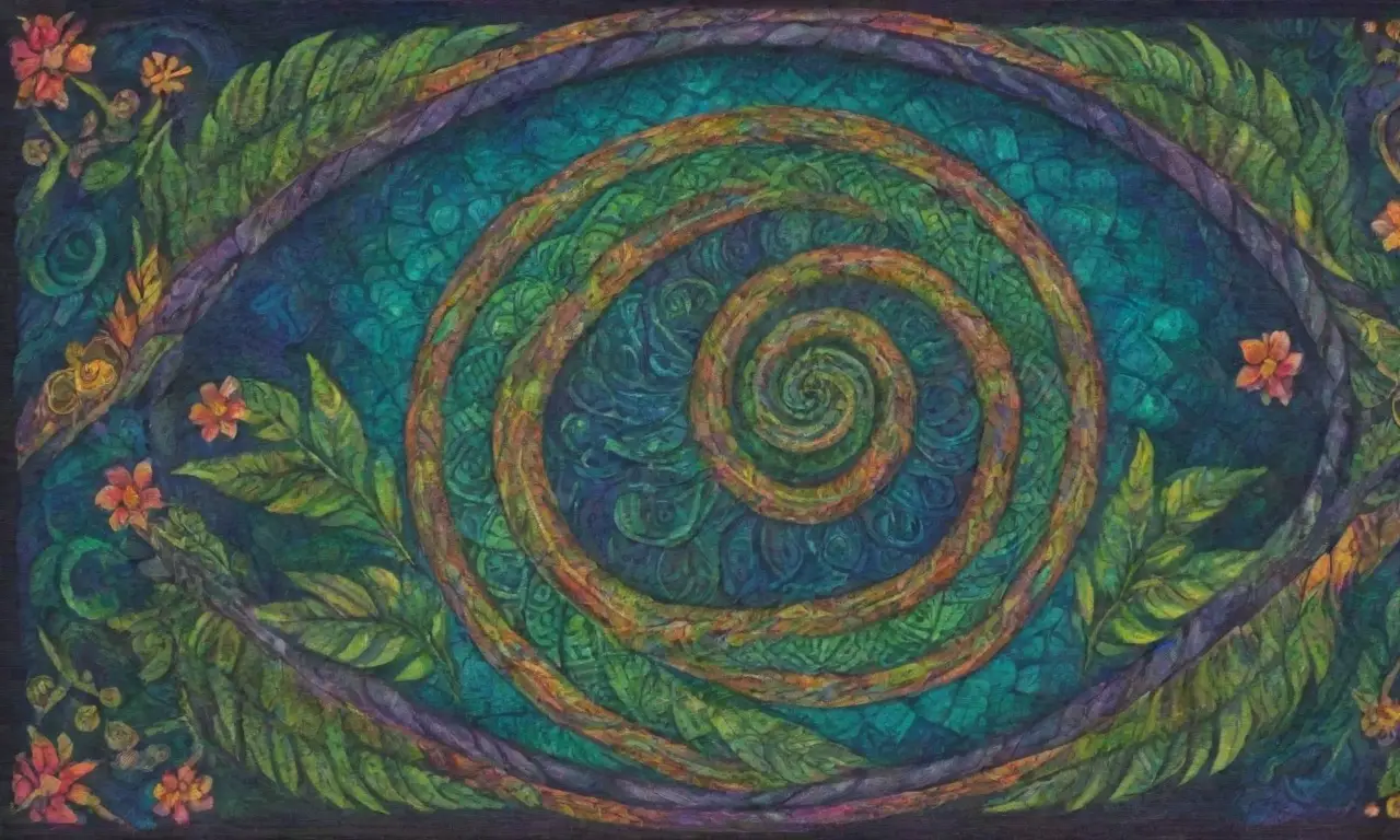 Un majestuoso serpiente de colores vibrantes y patrones intrincados se entrelaza con la naturaleza y la herencia cultural