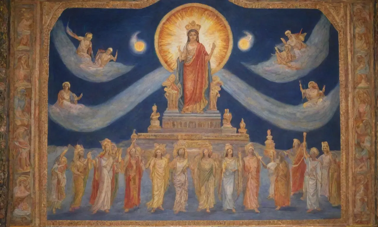 Un mural vasto y colorido representa deidades romanas en un fondo azul profundo