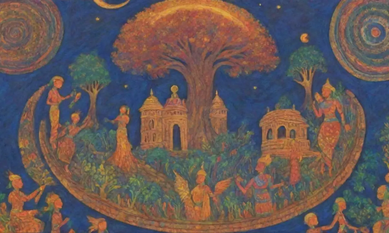 Colores vibrantes y símbolos antiguos danzan en un paisaje sagrado lleno de vida