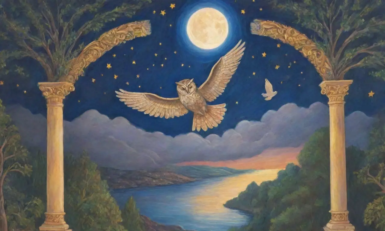 Un mural vibrante con colores profundos, criaturas míticas y un ambiente de misterio