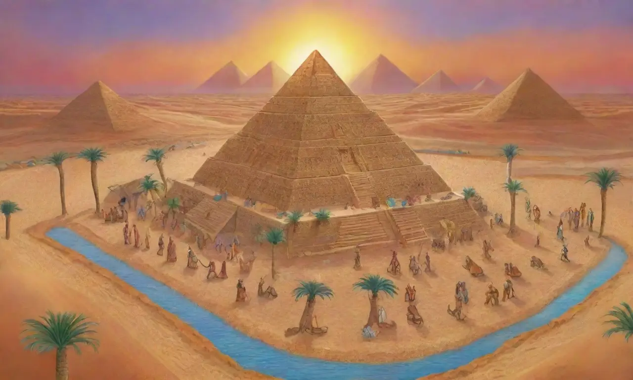 Un paisaje místico de Egipto lleno de pirámides, jeroglíficos, dioses y naturaleza vibrante