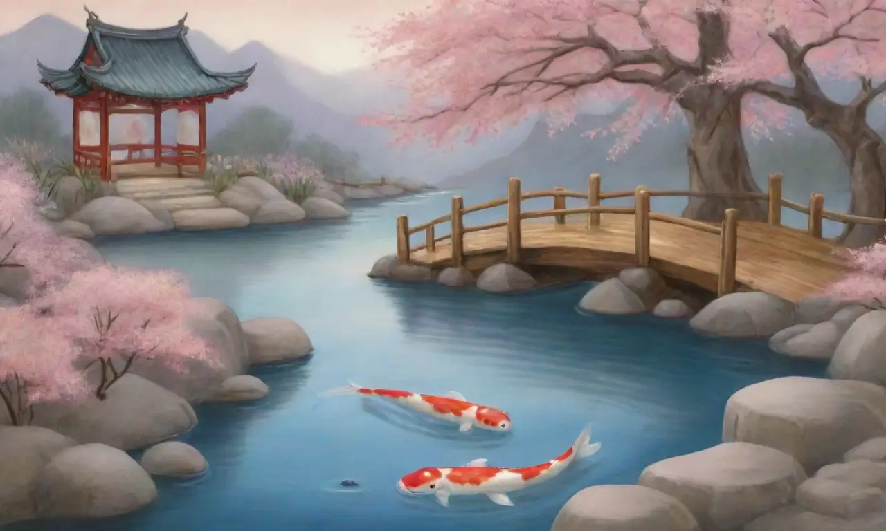 Un paisaje sereno con montañas, un río tranquilo, cerezos en flor y un sabio meditando en armonía