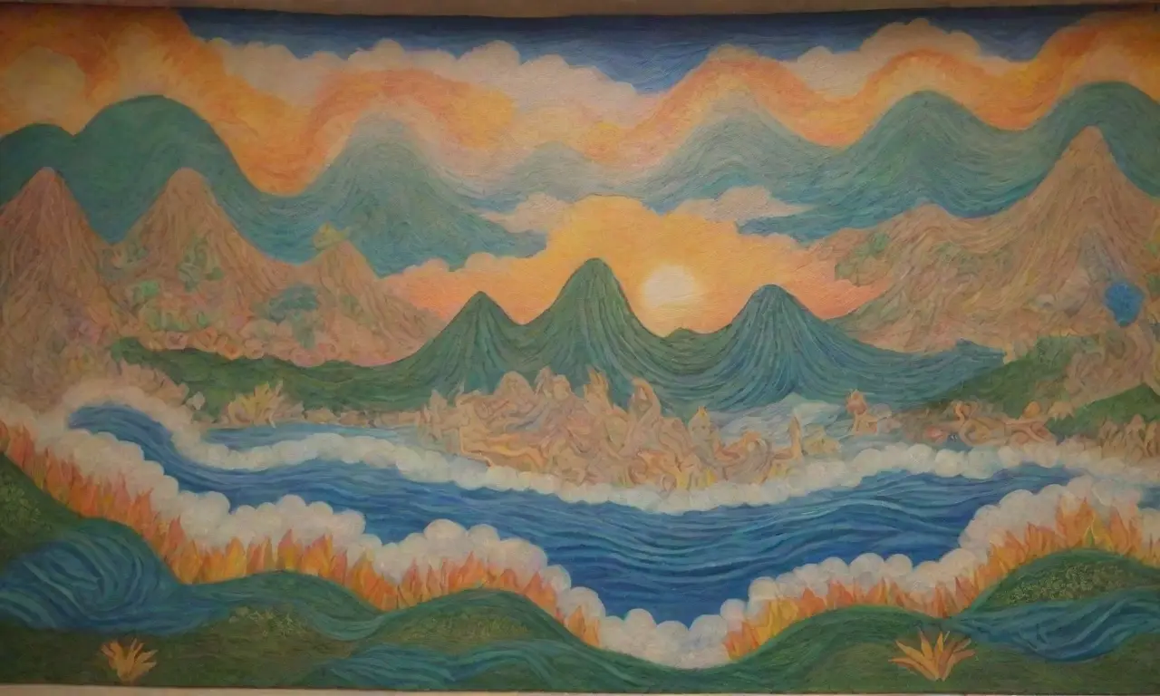 Un mural vibrante de Nuwa rodeada de elementos de creación y tranquilidad