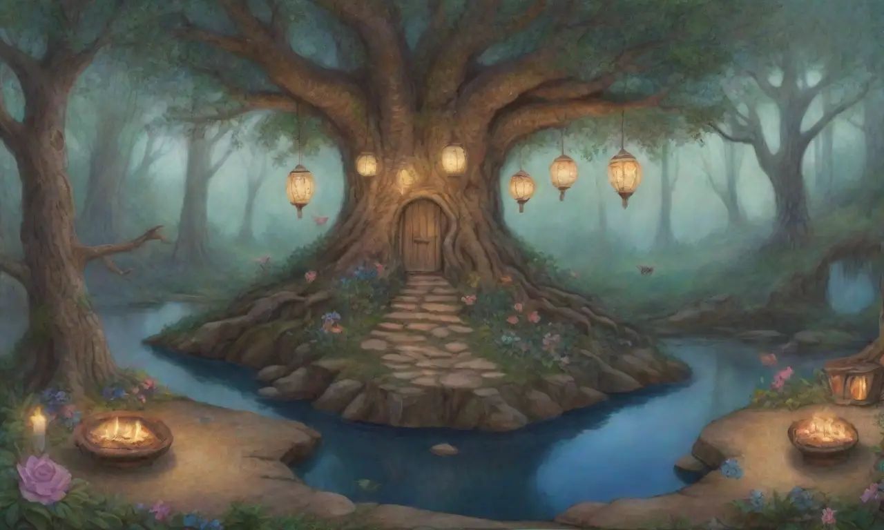 Un bosque sereno con árboles antiguos, un altar de piedra, flores vibrantes, un arroyo cercano y un ambiente lleno de sabiduría y misterio