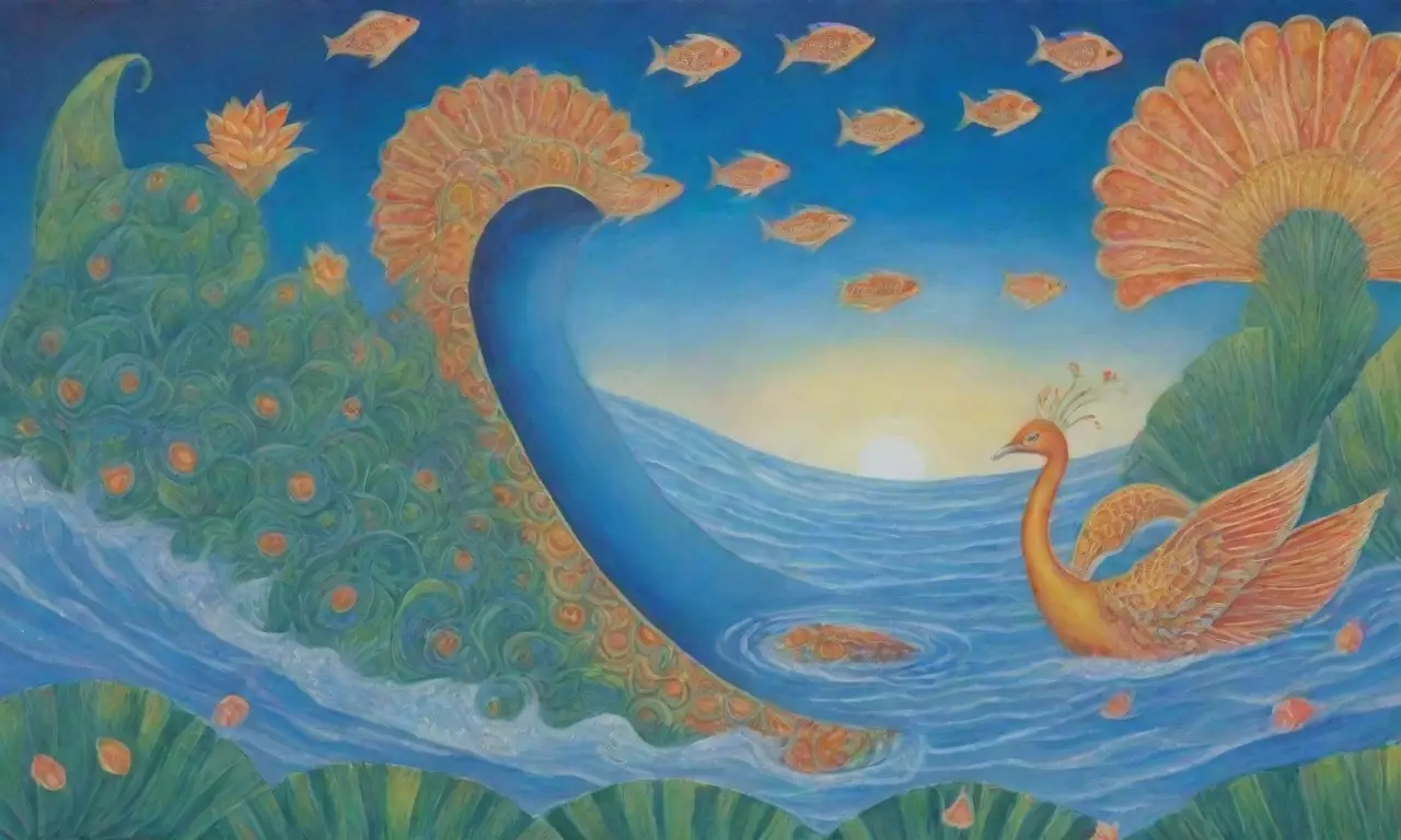 Un paisaje sereno con Varuna rodeado de flores de loto