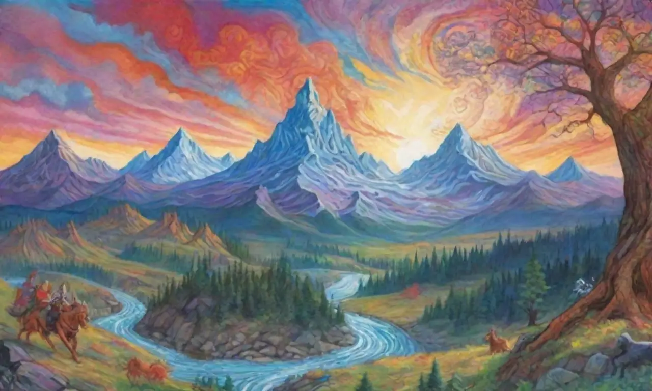 Un mural vasto y vibrante que representa héroes, criaturas míticas y paisajes mágicos