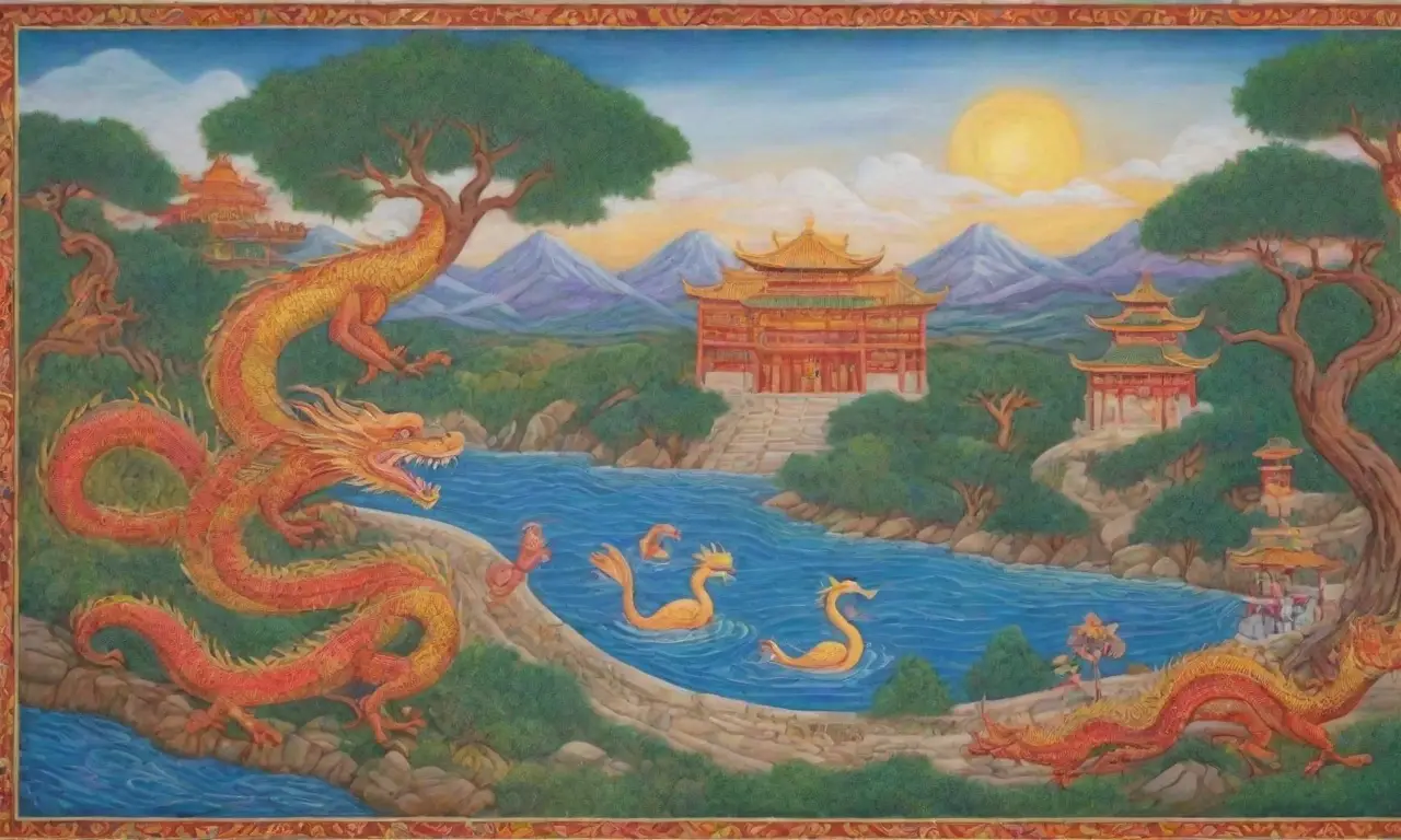 Un mural vibrante que fusiona mitología y naturaleza en un paisaje armonioso
