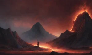 Un gigante de fuego se alza contra un cielo tormentoso