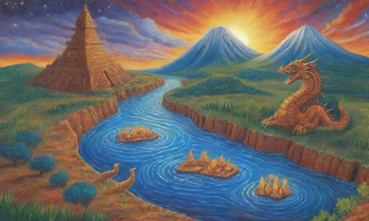 Un paisaje vibrante de mitología sumeria con dioses