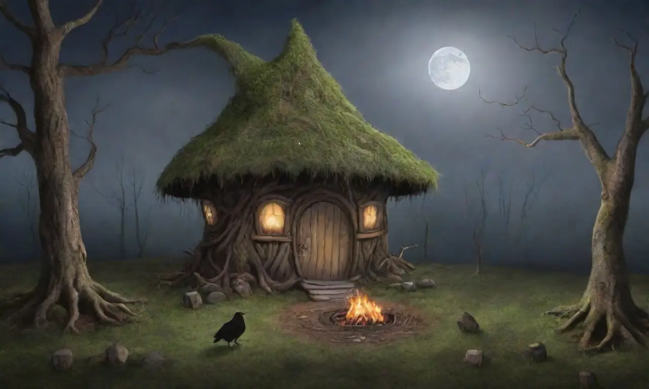 Un bosque oscuro y misterioso con una cabaña torcida, luces tenues, y una atmósfera de magia y peligro