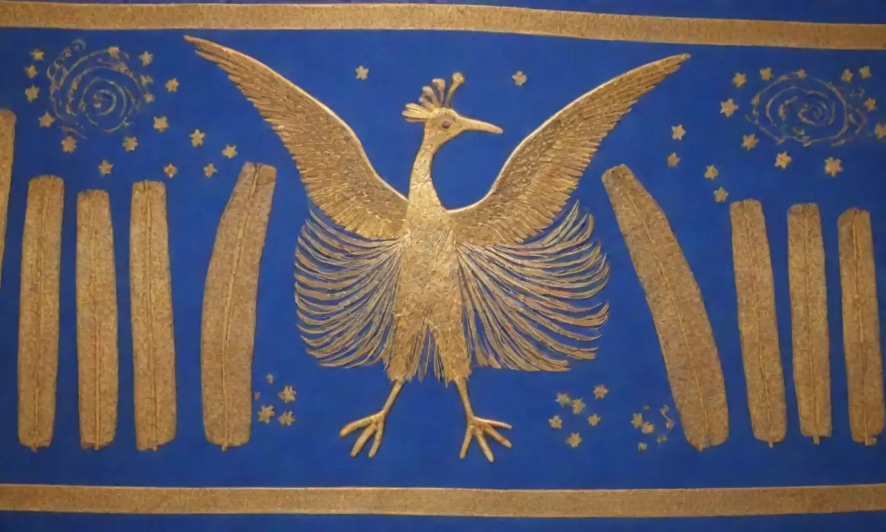 Un paisaje antiguo con papiros, jeroglíficos dorados, un ibis, Thoth y símbolos místicos bajo un cielo estrellado