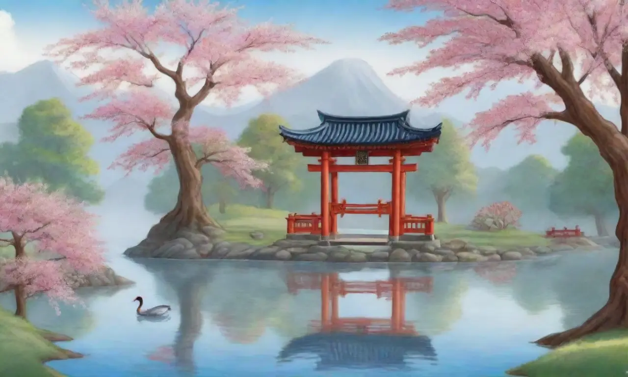 Un paisaje sereno con montañas, cerezos en flor, un río tranquilo y un torii rojo evoca paz y cultura