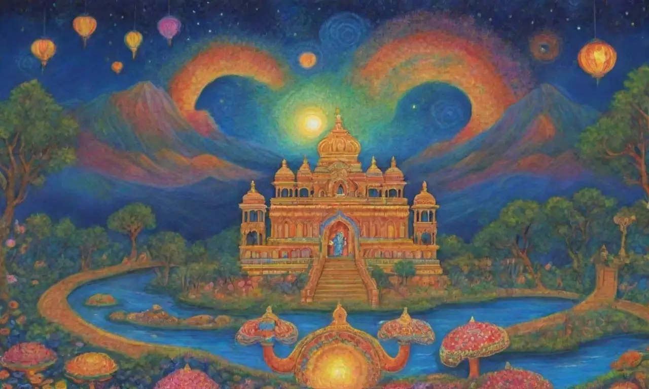 Un paisaje celestial lleno de colores vibrantes y elementos sagrados