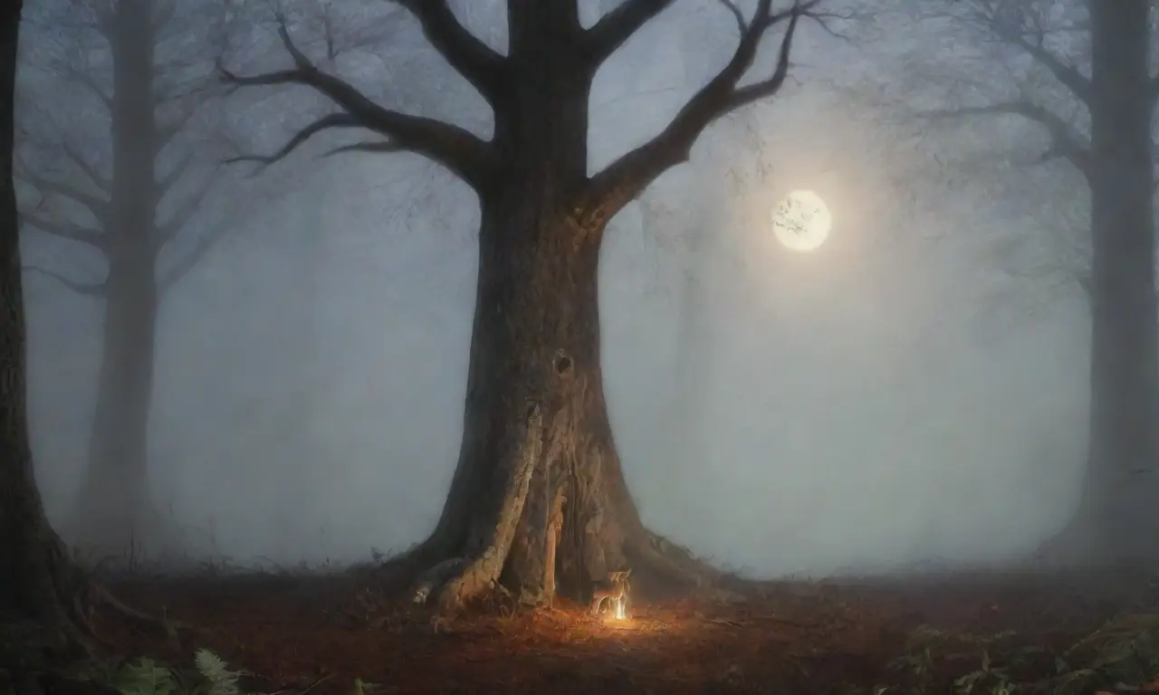 Un lobo solitario en un bosque oscuro, iluminado por la luna, rodeado de runas nórdicas y un aura etérea