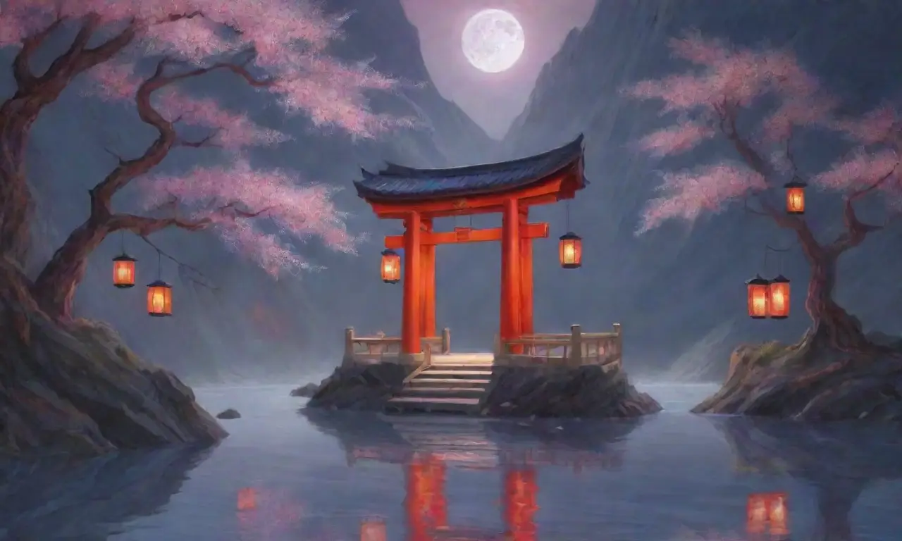 Un abismo oscuro con cerezos caídos, figuras fantasmales, linternas parpadeantes y un torii rojo, todo envuelto en un aire de nostalgia y mitología
