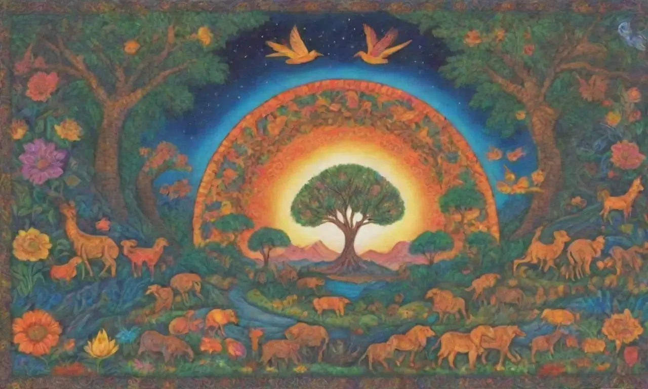 Un tapiz vibrante de colores, animales sagrados y la armonía de la naturaleza