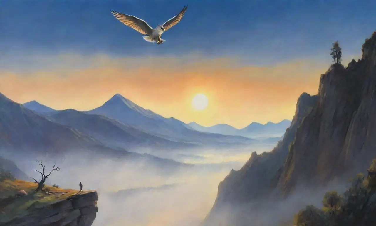 Un joven con alas brilla bajo un vasto cielo, entre montañas y un antiguo templo, simbolizando la lucha entre la esperanza y la ambición