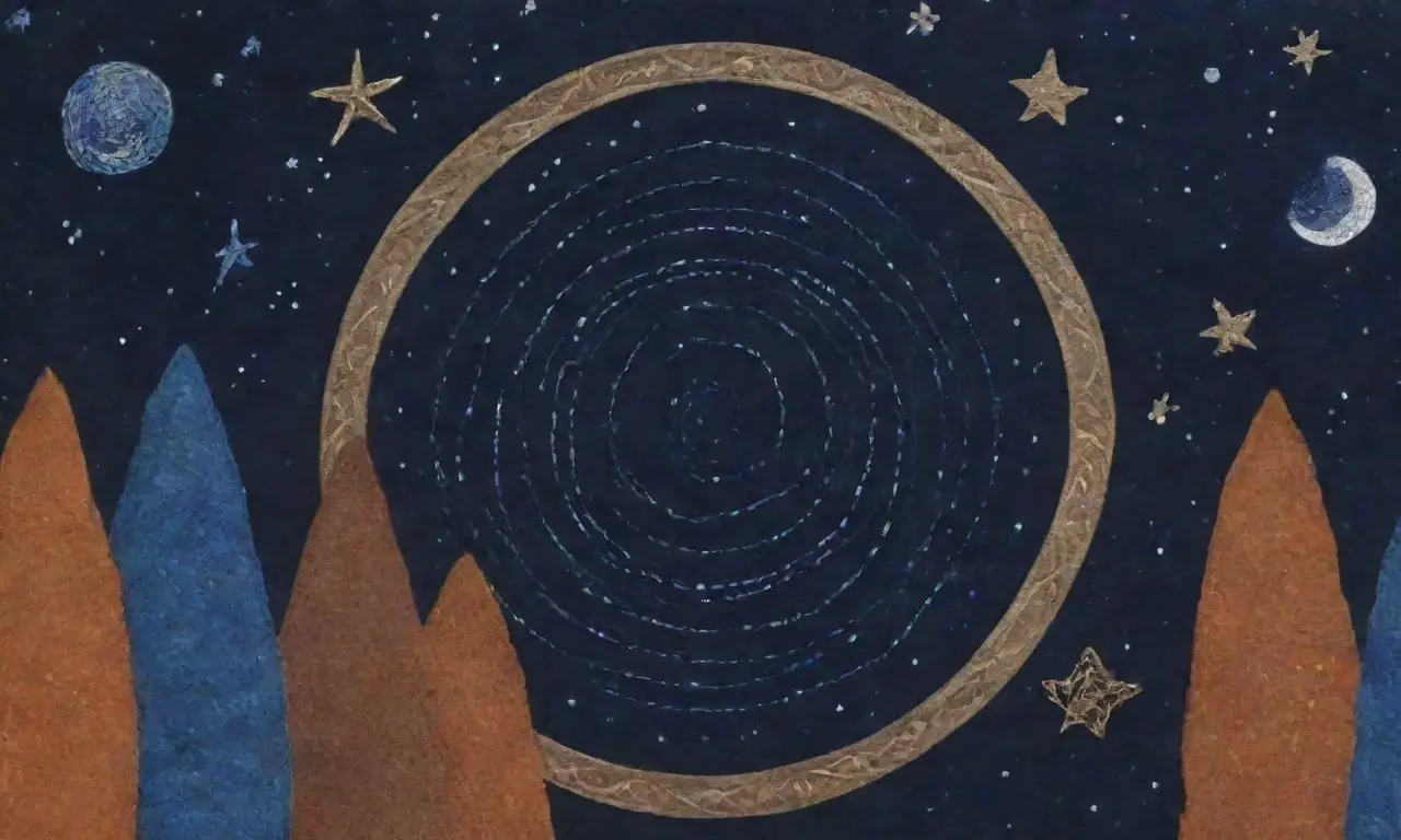 Cielo estrellado con constelaciones, galaxias y símbolos cósmicos en un fondo de tonos terrenales