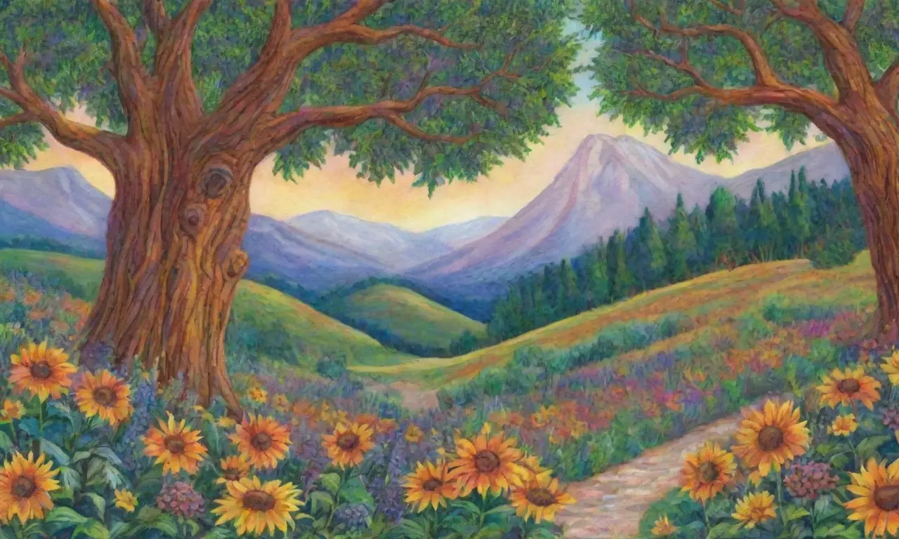 Un paisaje vibrante de naturaleza con flores, árboles y colores armoniosos