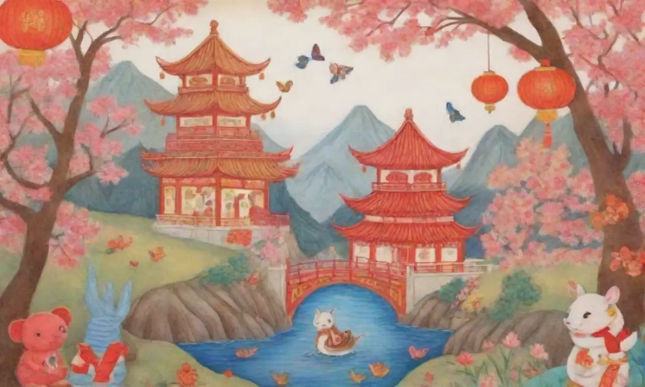 Un collage de colores vibrantes, personajes fantásticos y paisajes serenos