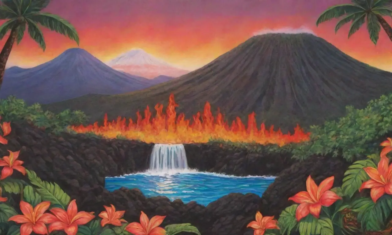 Un paisaje hawaiano vibrante con lava, volcanes, flores, canoas y danzas tradicionales