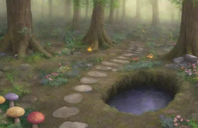 Un bosque exuberante con un altar de madera adornado de flores silvestres y figuras de animales
