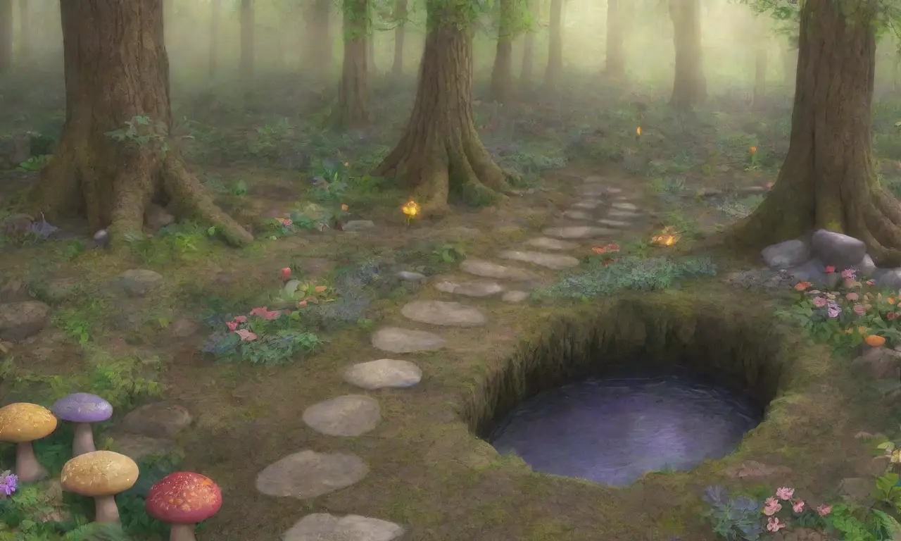 Un bosque exuberante con un altar de madera adornado de flores silvestres y figuras de animales