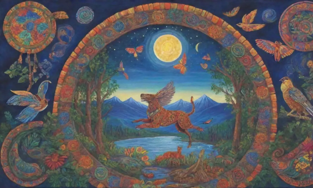 Colores vibrantes y animales sagrados se entrelazan en un paisaje místico lleno de rituales y reverencia