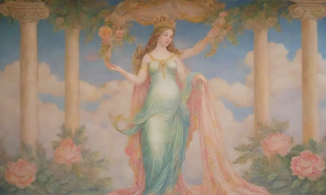 Un mural vibrante de Venus Genetrix rodeada de naturaleza y simbolismo divino