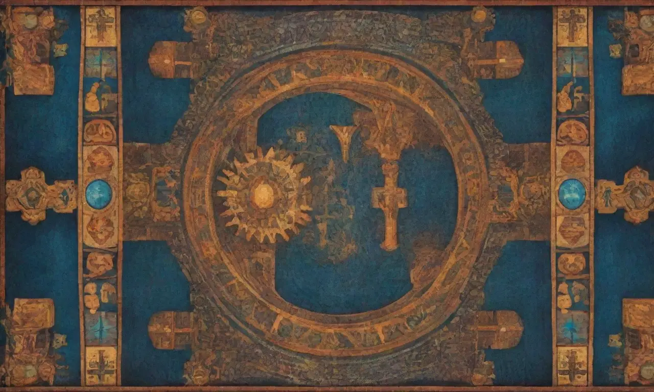 Un tapiz vibrante que fusiona símbolos antiguos, colores audaces y elementos culturales en una narrativa visual de unidad y espiritualidad