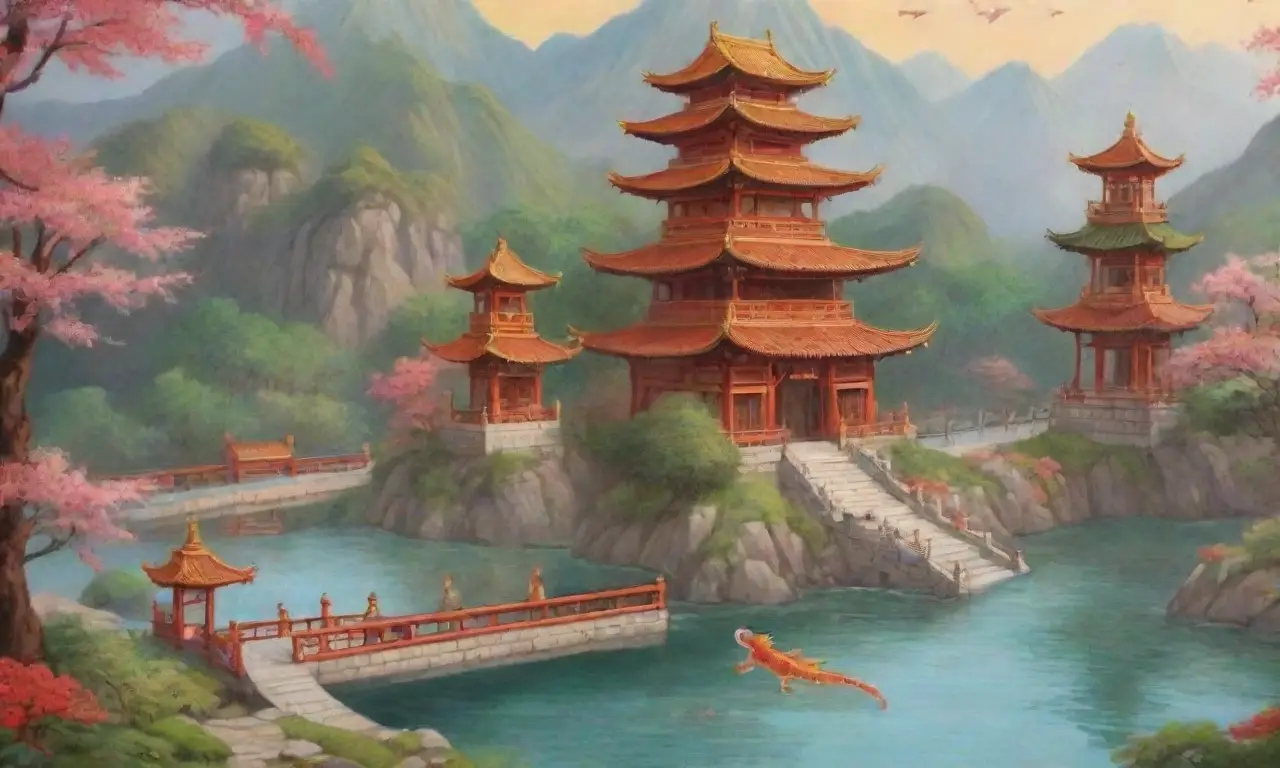 Un paisaje vibrante de rojos y dorados con dragones