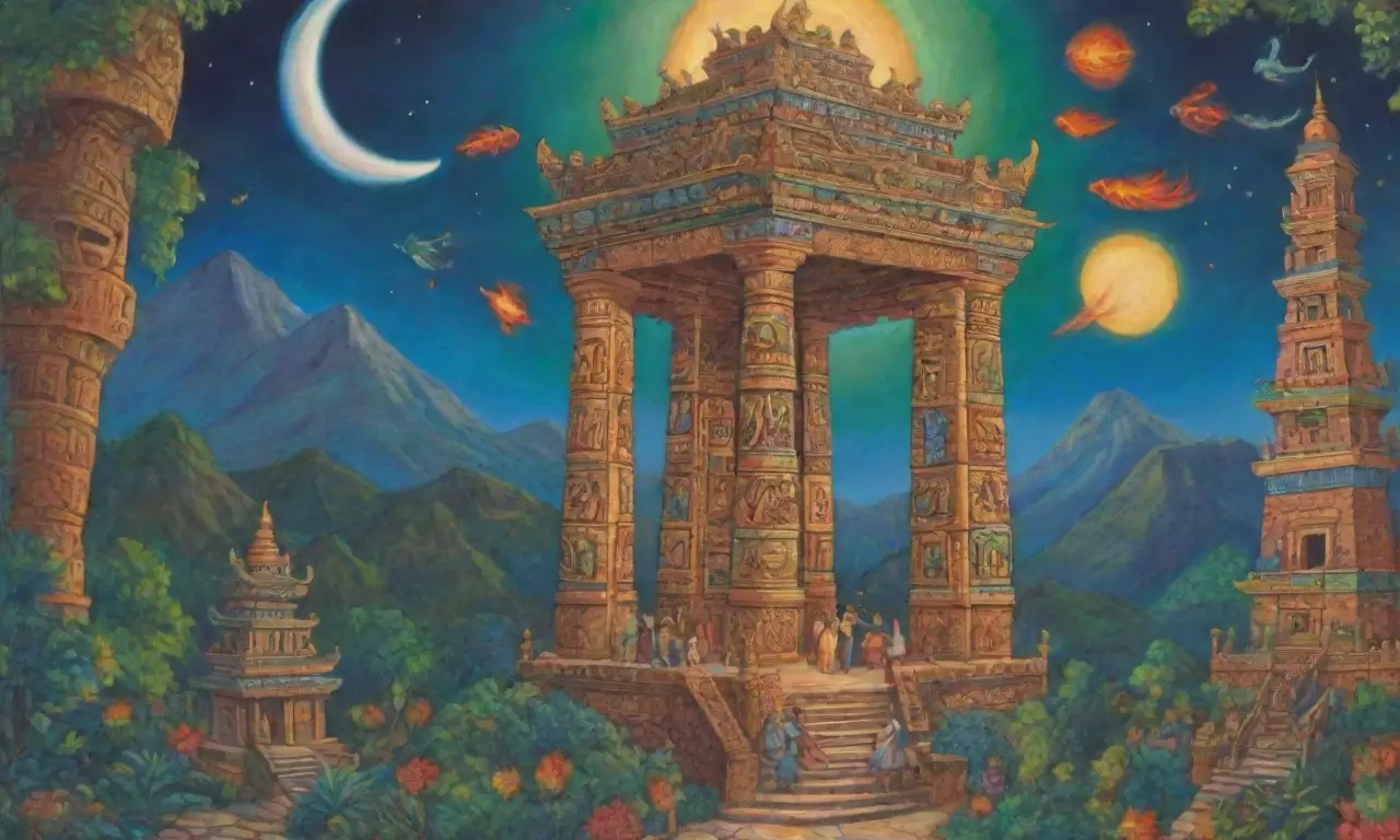 La esencia de la espiritualidad azteca se refleja en vibrantes colores, templos antiguos y la naturaleza que rodea un majestuoso paisaje