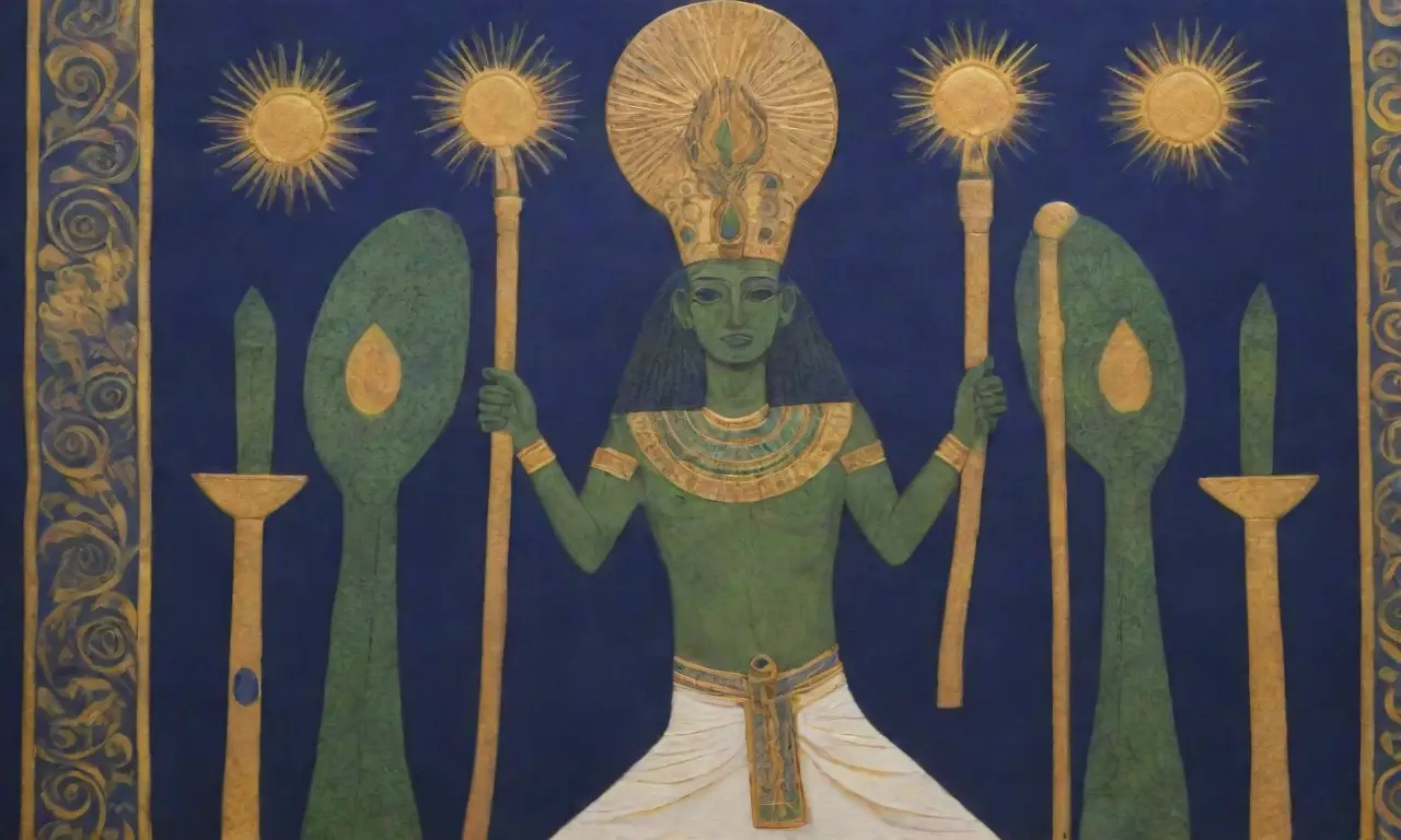Motivos egipcios antiguos con Osiris, jeroglíficos vibrantes y un fondo azul profundo