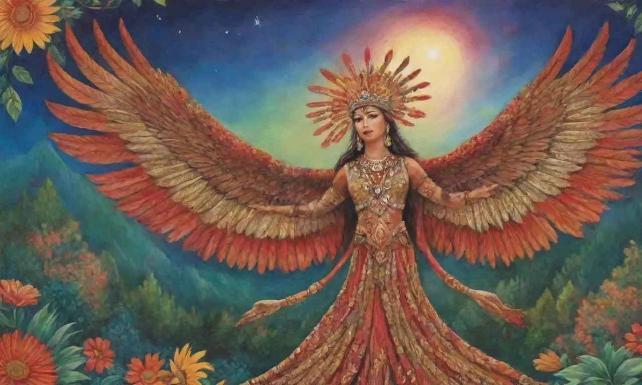Un majestuoso Huitzilopóchitl rodeado de colores vibrantes