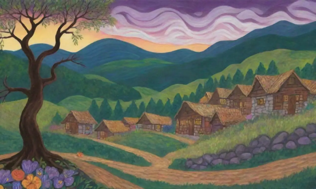 Un mural vibrante con símbolos vascos, la silueta de Mari, montañas, árboles antiguos, flores silvestres, cielos tormentosos y una rica herencia cultural