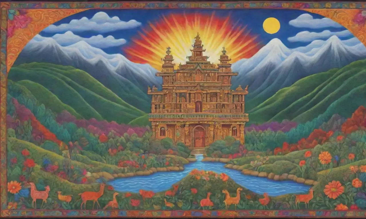 Un mural vibrante que celebra la cultura andina con Viracocha, paisajes majestuosos y elementos míticos