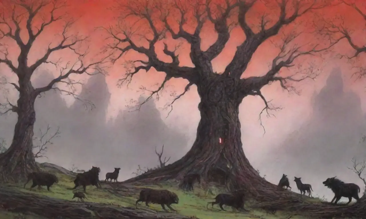 Un bosque oscuro con árboles retorcidos