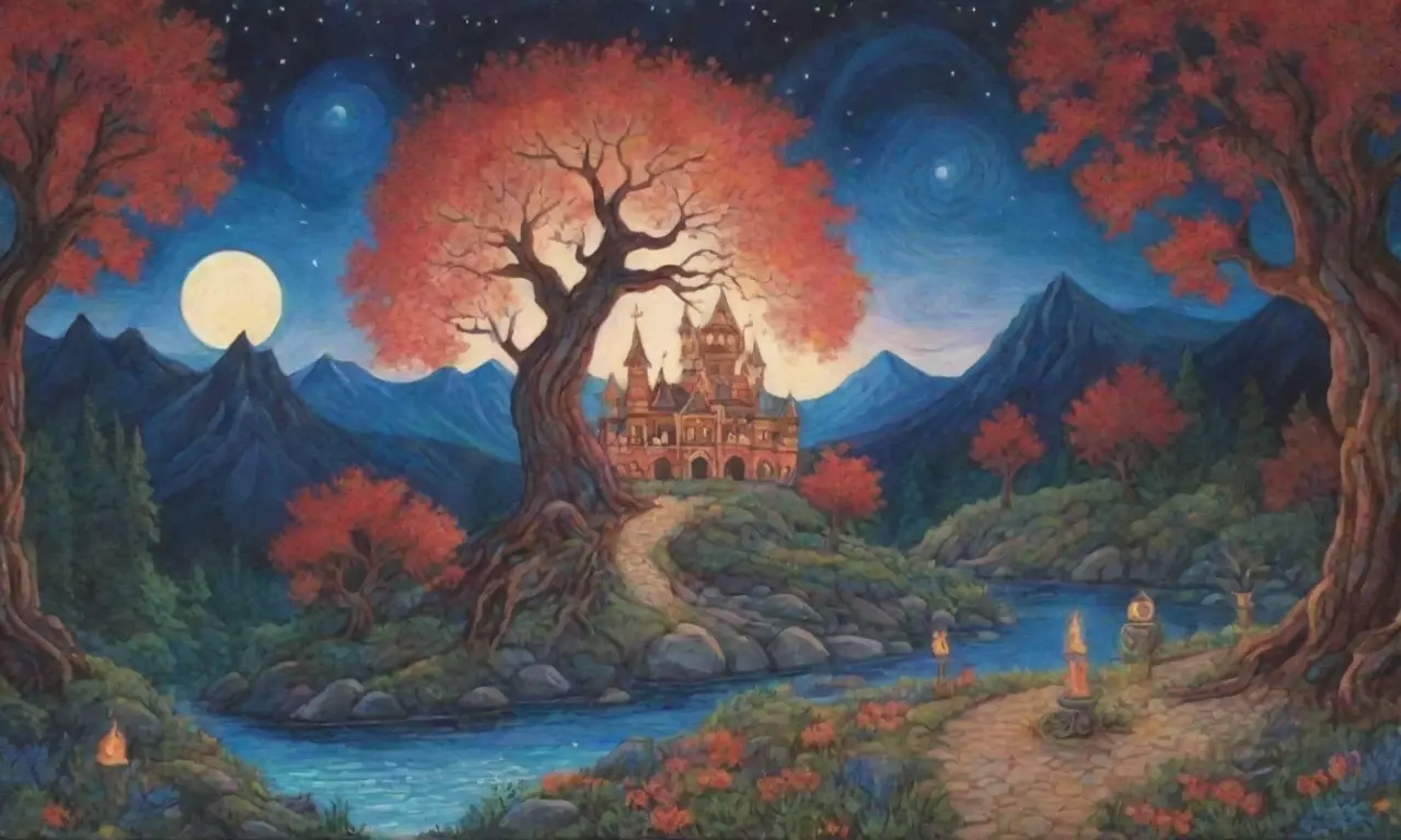 Un paisaje mágico de mitología eslava lleno de colores, símbolos antiguos y criaturas míticas