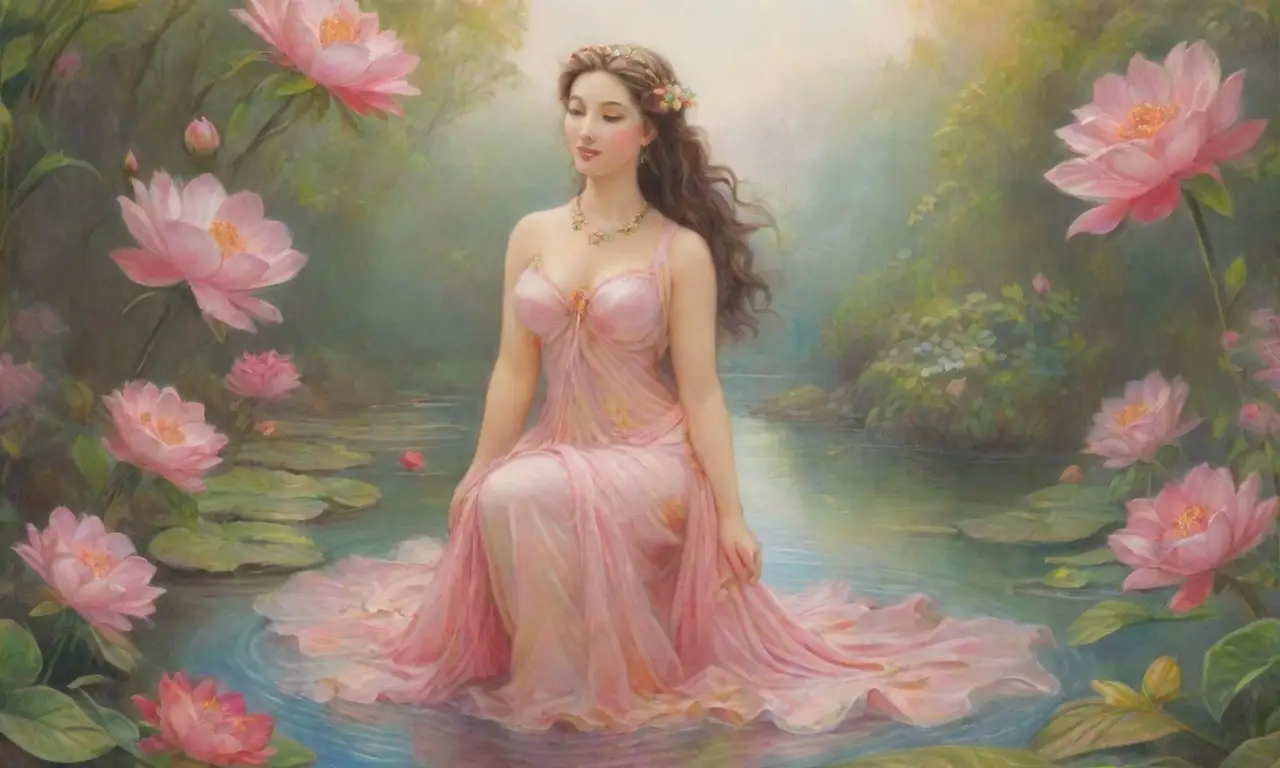 Venus, rodeada de flores y luz dorada, irradia belleza y armonía en un paisaje vibrante