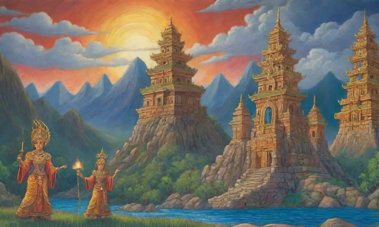 Un paisaje antiguo y místico con montañas, nubes, criaturas míticas y ruinas olvidadas