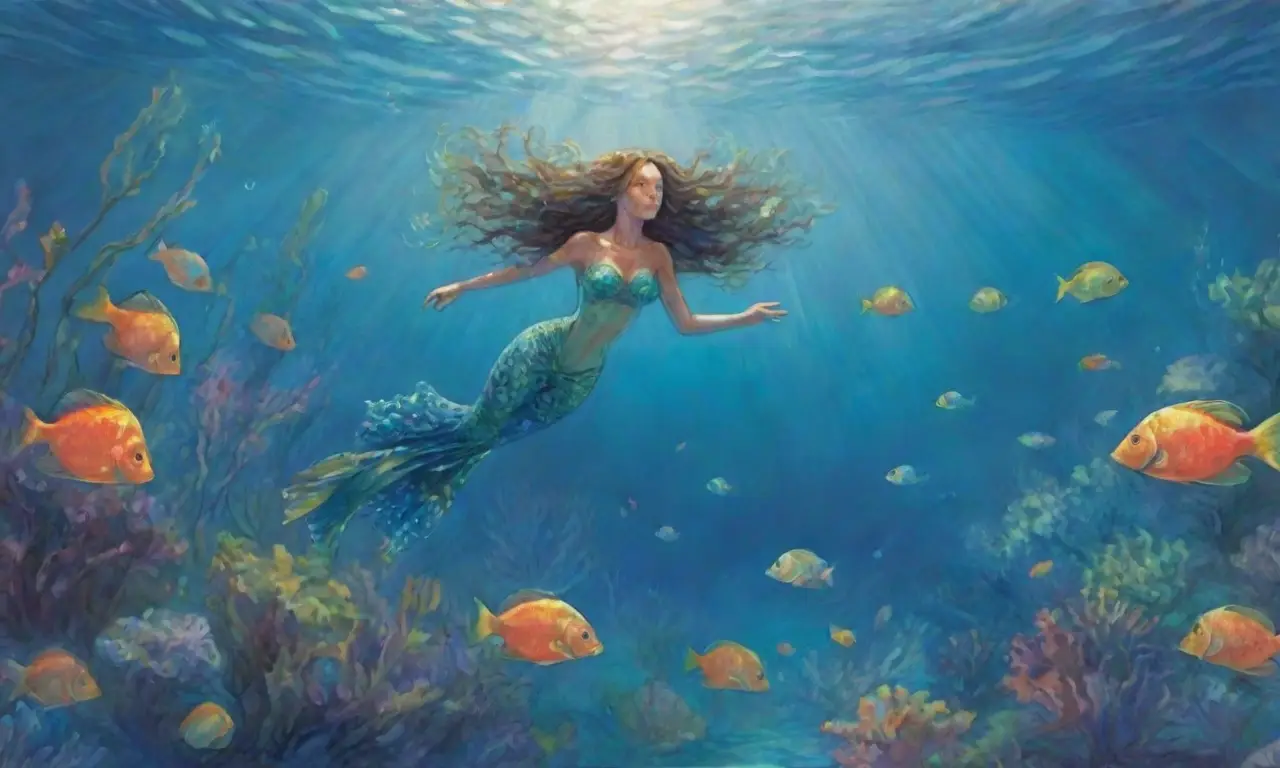 Una escena submarina vibrante y misteriosa, llena de colores, criaturas y tesoros