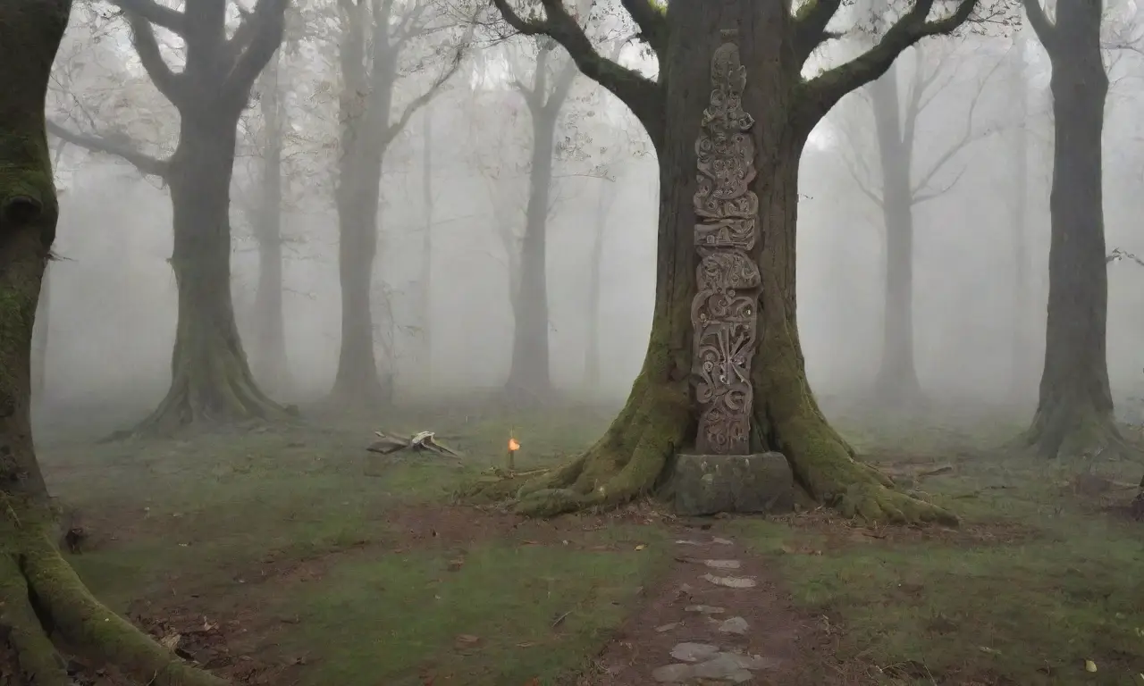 Un bosque oscuro y misterioso con un altar antiguo, un cazador curioso, un lago reflejando la luna y ecos de antiguas leyendas
