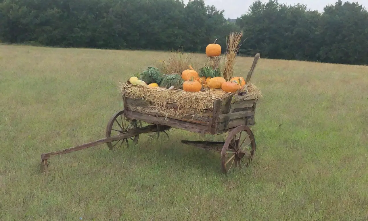 Un campo dorado de trigo brilla bajo el sol, con mariposas y flores, mientras un espantapájaros y una carretilla de calabazas completan el paisaje agrícola