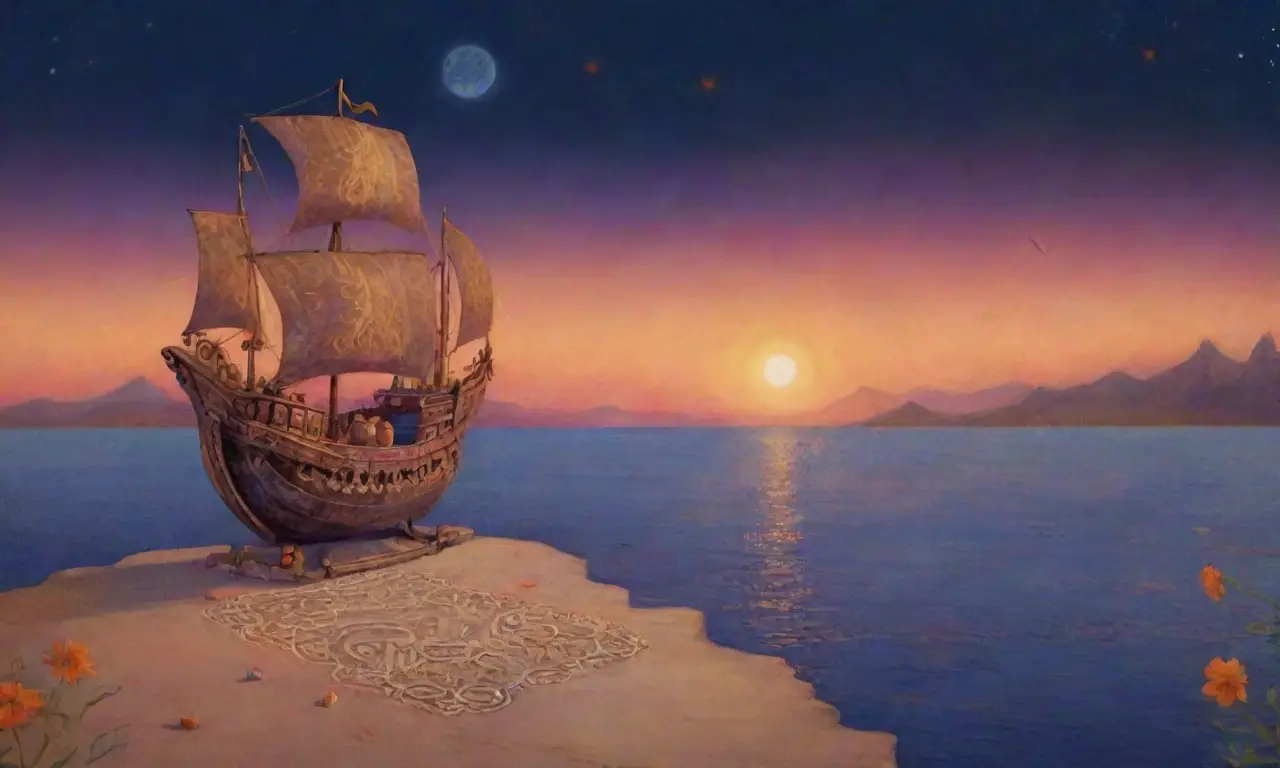 Un paisaje misterioso con símbolos antiguos, un barco en el mar, antorchas, dioses esculpidos, un atardecer vibrante y una montaña sagrada