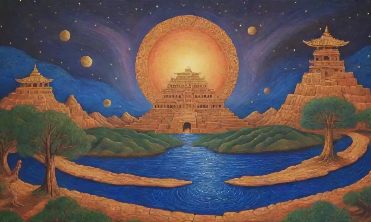 Un paisaje antiguo y cósmico lleno de dioses, mitos y artefactos brillantes