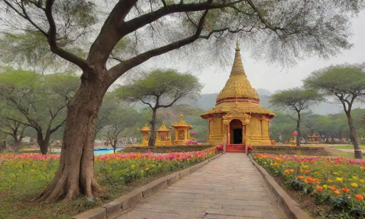 Un templo sagrado lleno de paz, naturaleza vibrante y devoción espiritual